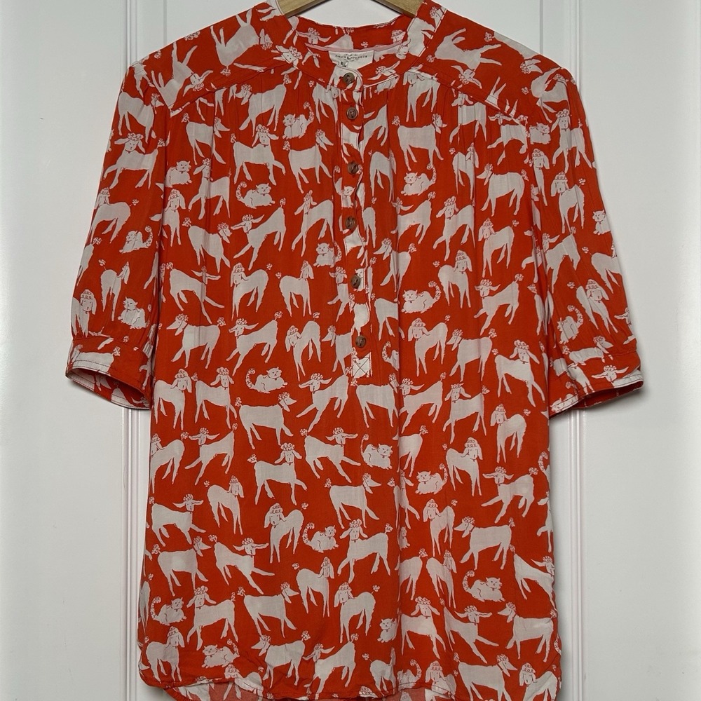Emily Isabella for Anthropologie Orange White Poodle & Cat Print Robina Blouse